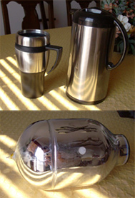 An insulated coffee mug, thermos container, and thermos