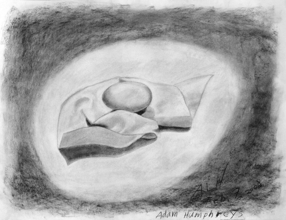 Drawing of egg, pencil, charcoal surrounding
